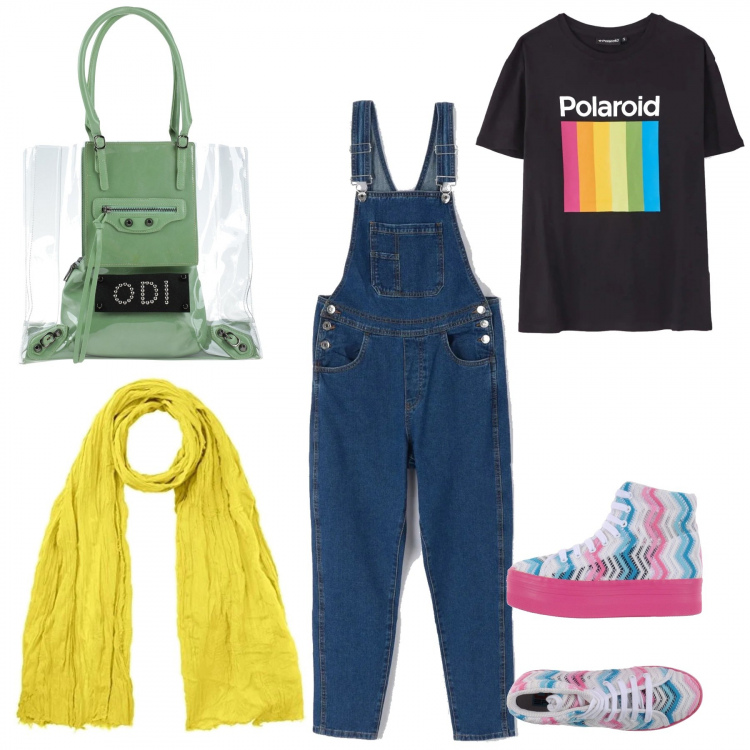 Outfit donna - Più colorata di così!. Stile Rock per Scuola/Università. Abbinamento con borse a mano, sneakers, salopette, t-shirt, foulard.