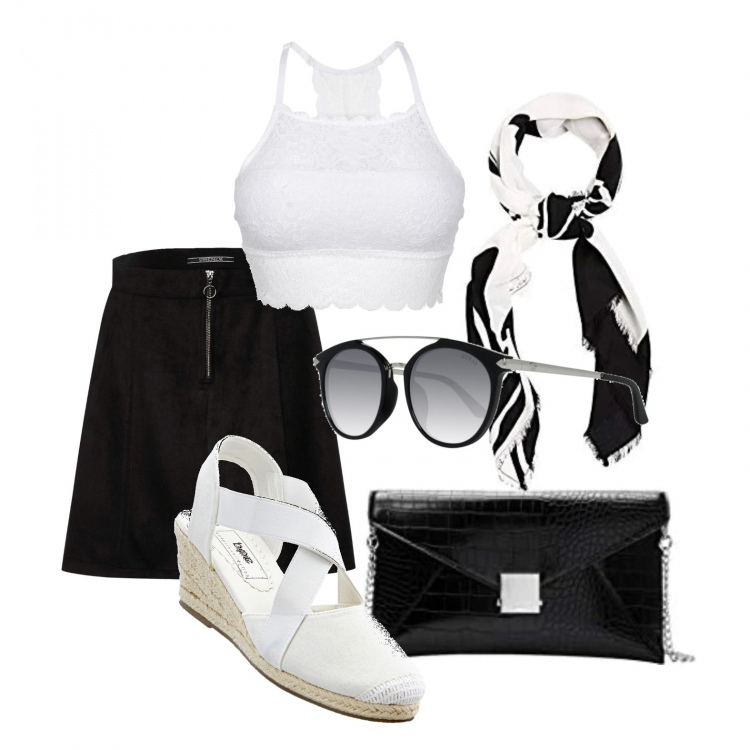 Outfit donna - Bianco e nero. Stile Trendy per Tutti i giorni. Abbinamento con reggiseni, sandali, gonne, sciarpe, clutch, occhiali da sole.