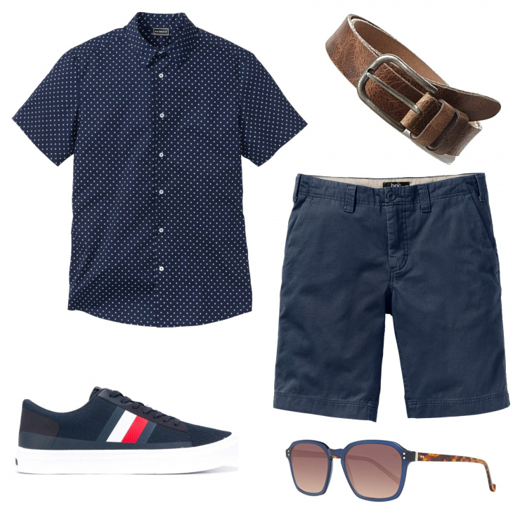 Outfit uomo - Camicia fantasia slim. Stile Casual per Tutti i giorni. Abbinamento con bermuda, camicie a manica corta, sneakers, occhiali da sole, cinture.