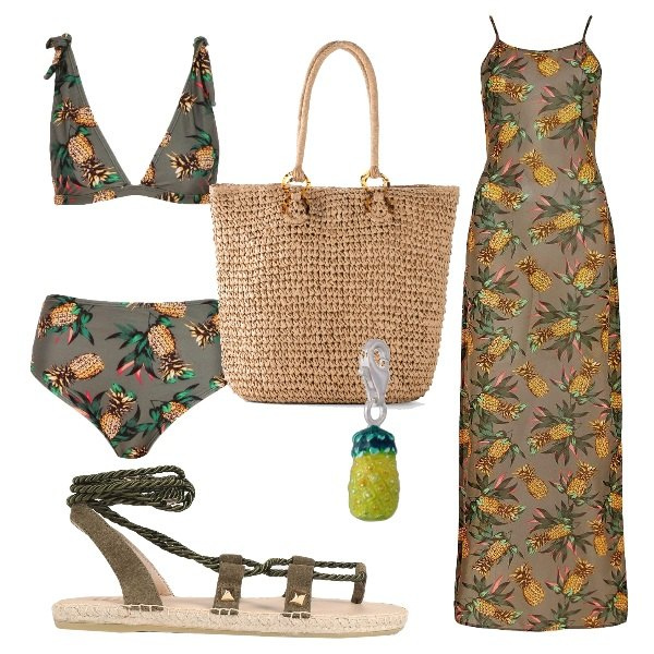 Outfit femme - Ananas. Style Ethnique pour Plage. Assortir avec sac cabas, robes longues, maillot de bain 2 pièces, tong, pendentifs.