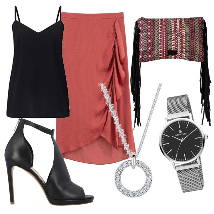 Outfit femme - Basique #32198. Style Basique pour Tous les jours. Assortir avec jupes au genou, sandales à talon, pochette, blouse, colliers, montres analogiques.