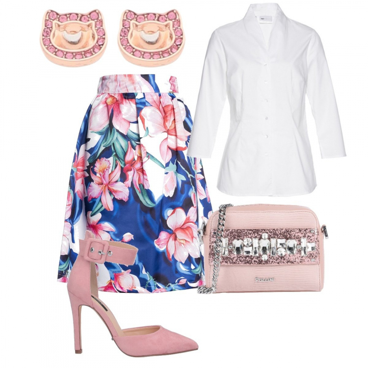 Outfit donna - La vie en rose. Stile Chic per Tutti i giorni. Abbinamento con camicie, borse a spalla, décolleté, orecchini, gonne lunghe.