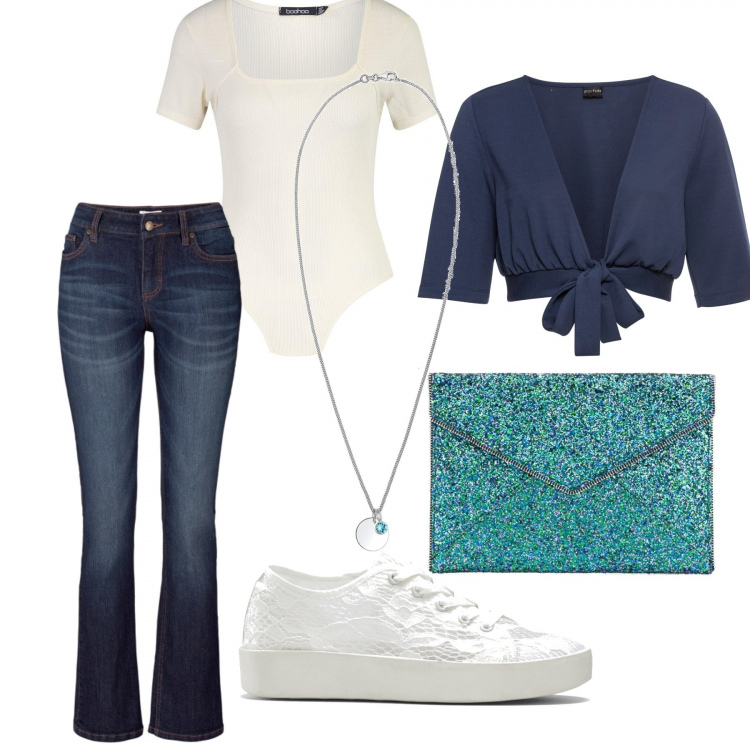 Outfit donna - Casual woman. Stile Basic per Tutti i giorni. Abbinamento con jeans bootcut, bolero, sneakers, corpo, clutch, collane.