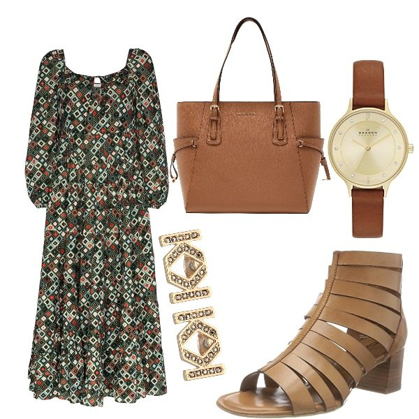 Outfit femme - Maxi robe et sandales beiges. Style Tendance pour Tous les jours. Assortir avec robes longues, sandales, boucles d'oreilles, sac cabas, montres.