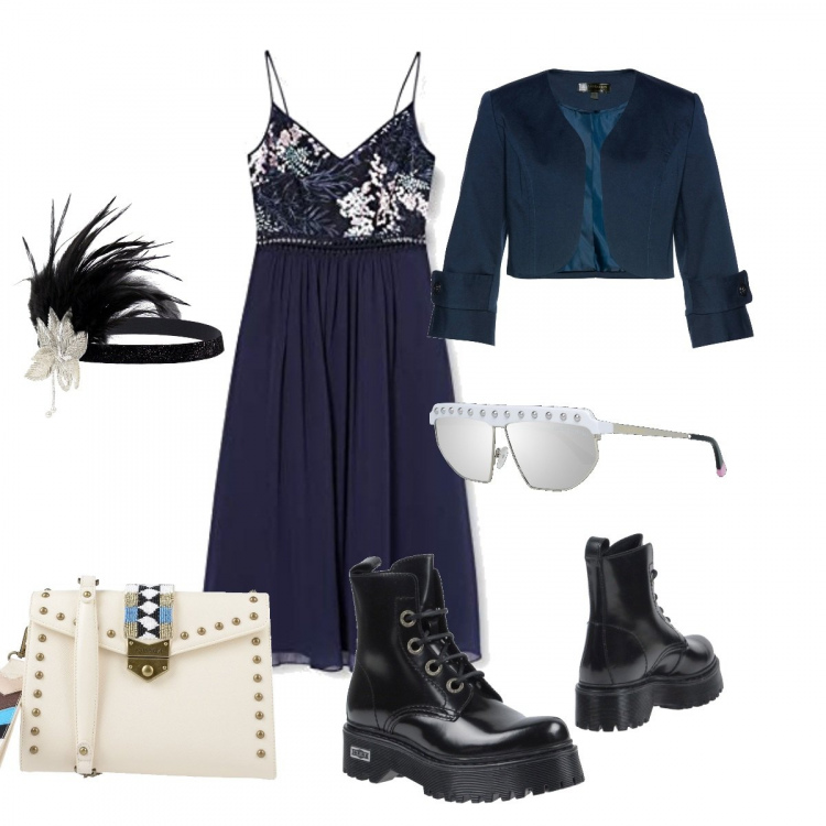 Outfit donna - Look cult. Stile Trendy per Serata fuori. Abbinamento con bolero, anfibi, borse a cartella, vestiti midi/longuette, fasce per capelli, occhiali da sole.