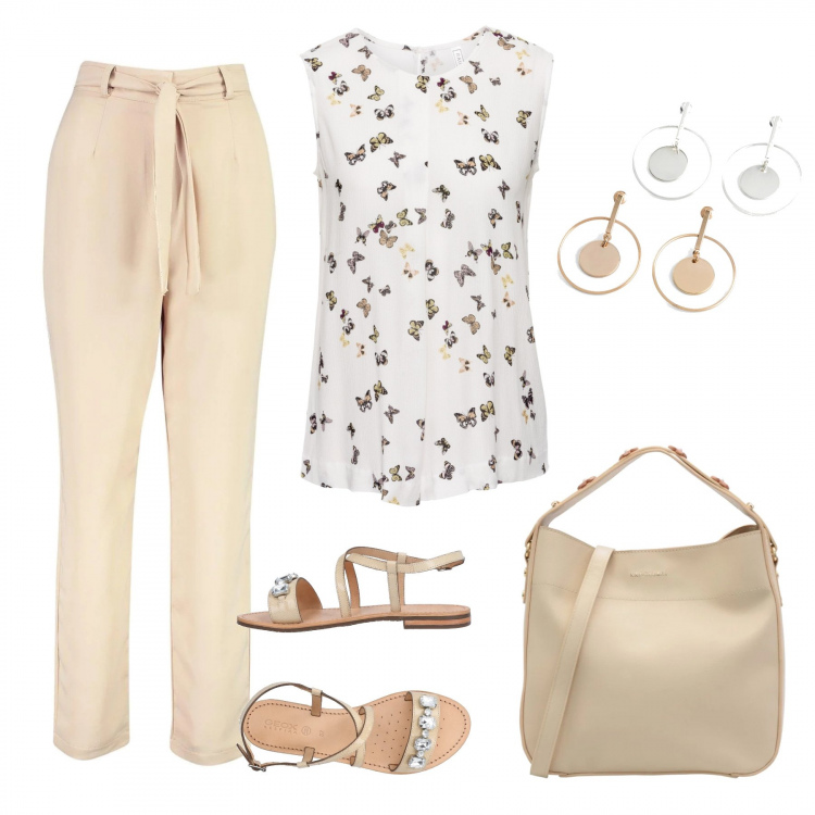 Outfit donna - Low cost. Stile Basic per Tutti i giorni. Abbinamento con top, orecchini, sandali in pelle, borse a mano, pantaloni.