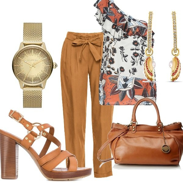 Outfit donna - Basic #32304. Stile Basic per Tutti i giorni. Abbinamento con top, shopping bag, sandali col tacco, borse a spalla, orecchini, orologi analogici.