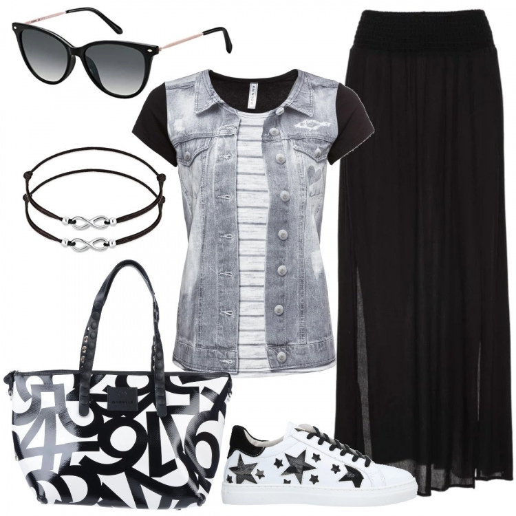 Outfit donna - Gonna a teli con spacchi. Stile Urban per Tutti i giorni. Abbinamento con gonne lunghe, pullovers, sneakers, borse a mano, occhiali da sole, braccialetti.