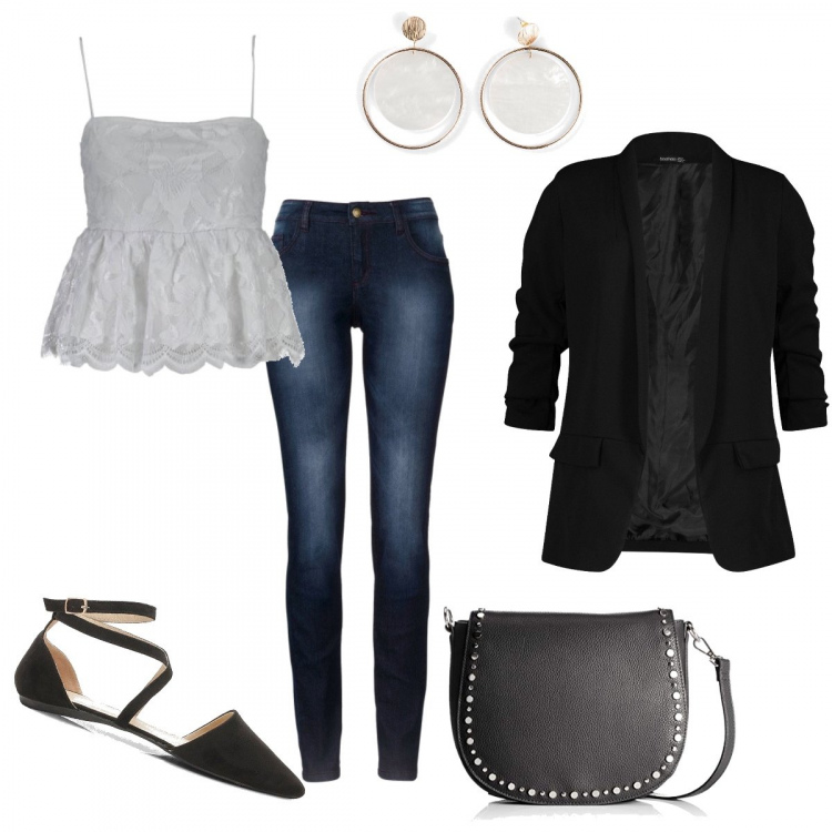 Outfit donna - Una fresca sera d\'estate in città. Stile Chic per Serata fuori. Abbinamento con jeans skinny, borse a mano, blazer, ballerine, canottiere, borse a spalla.