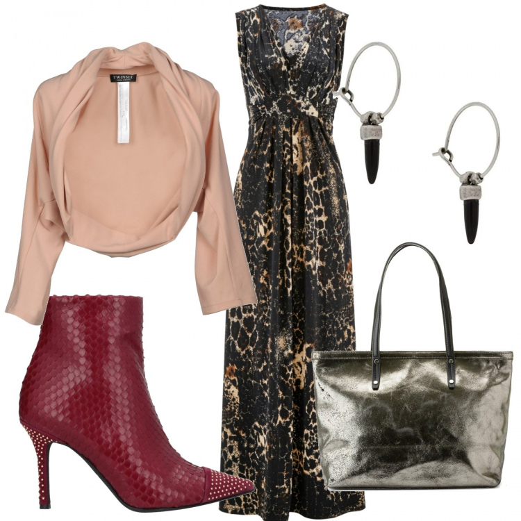Outfit femme - En robe longue. Style Tendance pour Tous les jours. Assortir avec robes longues, boléros, boucles d'oreilles, sac cabas, bottines.