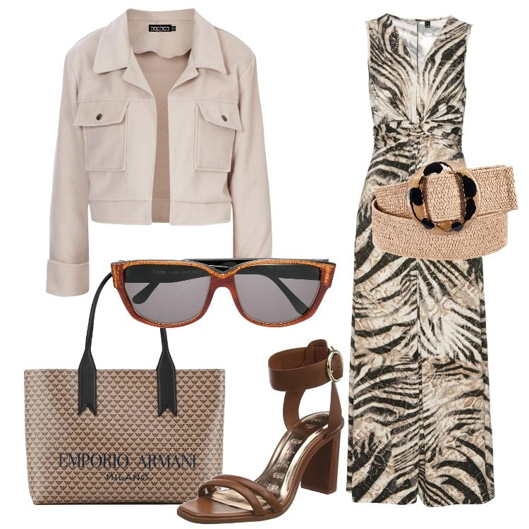 Outfit donna - Safari mood. Stile Trendy per Ufficio. Abbinamento con cinture, vestiti lunghi, blazer, occhiali da sole, sandali, shopping bag.
