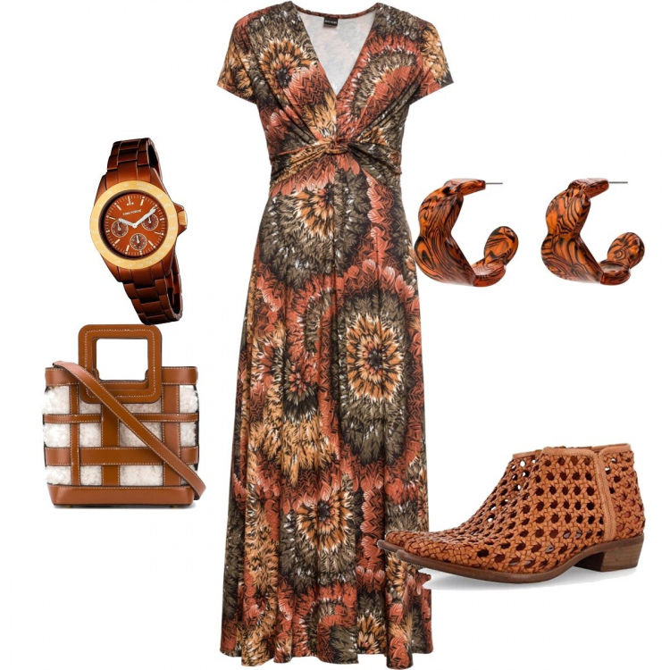 Outfit donna - Terra bruciata. Stile Basic Abbinamento con vestiti lunghi, orecchini, borse tote, stivaletti texani, orologi.