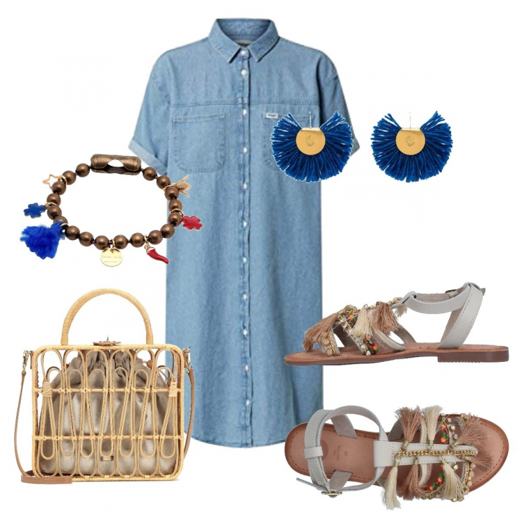 Outfit donna - Jeans basic. Stile Basic Abbinamento con orecchini, infradito, braccialetti, vestiti chemisier, borse a mano.