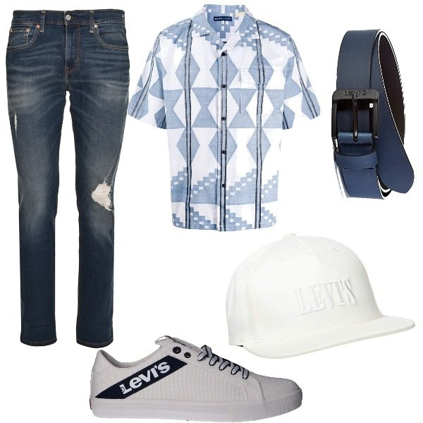 Outfit uomo - Tutto Levi's. Stile Casual per Tutti i giorni. Abbinamento con camicie a manica corta, cinture, sneakers, berretti, jeans.