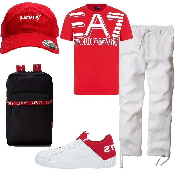 Outfit uomo - Cappellino con visiera. Stile Casual per Ufficio. Abbinamento con cappelli con visiera, sneakers, t-shirt, cinture, pantaloni.