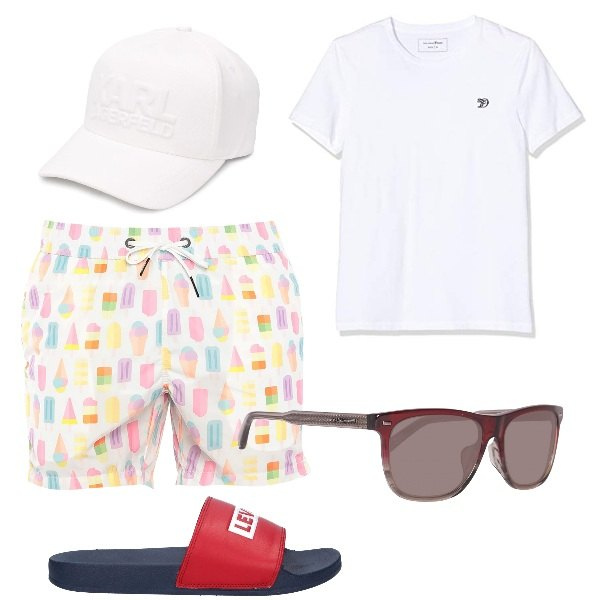 Outfit uomo - Promo mare. Stile Casual per Mare. Abbinamento con cappelli con visiera, costumi, sandali, t-shirt, occhiali da sole.