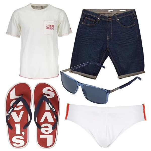 Outfit uomo - Costume + ciabatta da mare. Stile Casual per Mare. Abbinamento con t-shirt, occhiali da sole, slip, sandali, pantaloni corti.