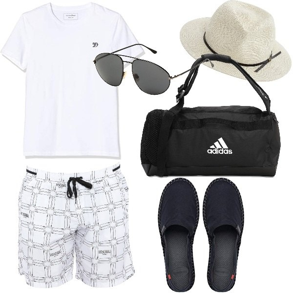 Outfit uomo - Nel borsone weekend. Stile Casual per Mare. Abbinamento con costumi, occhiali da sole, espadrillas, cappelli, borse sportive, t-shirt.