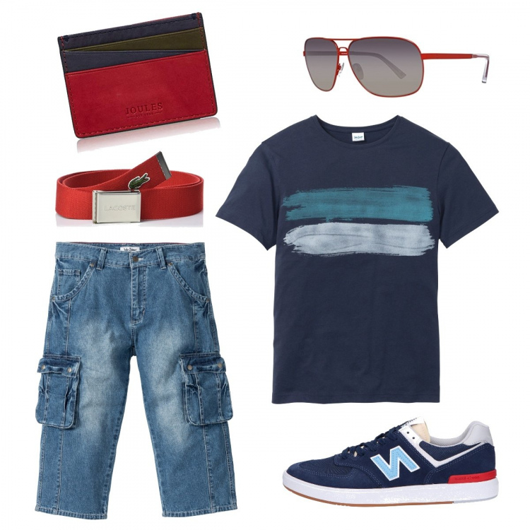 Outfit uomo - Un outfit da villeggiante. Stile Casual per Tutti i giorni. Abbinamento con t-shirt, jeans, occhiali da sole, portafogli, cinture, sneakers.