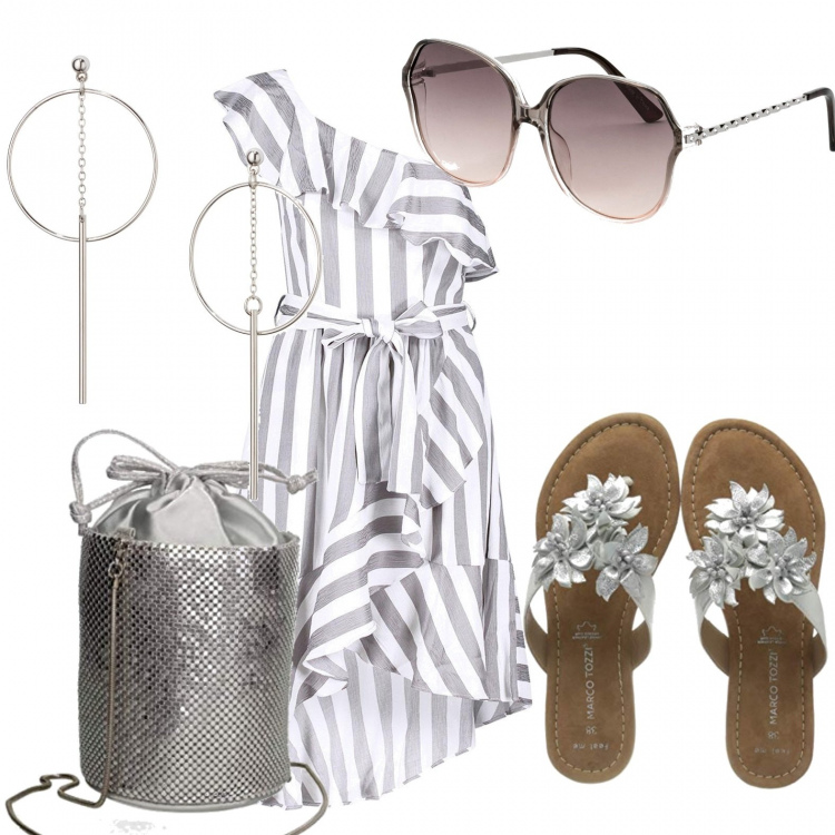 Outfit donna - Look estivo. Stile Basic per Mare. Abbinamento con orecchini, occhiali da sole, vestiti midi/longuette, sabot, borse a secchiello.