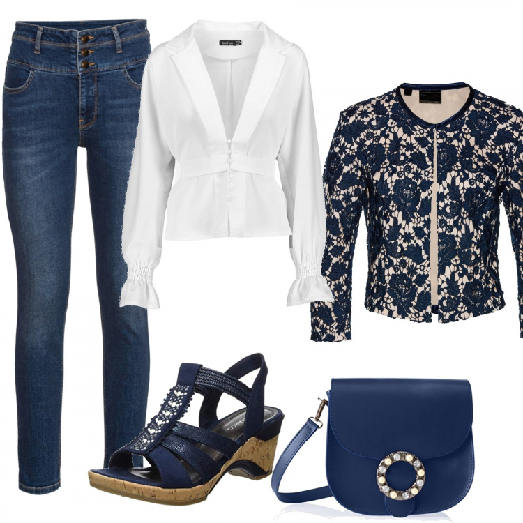 Outfit donna - Jeans e camicia. Stile Bon Ton per Tutti i giorni. Abbinamento con reggiseni push-up, jeans skinny, bluse, sandali, borse a spalla.