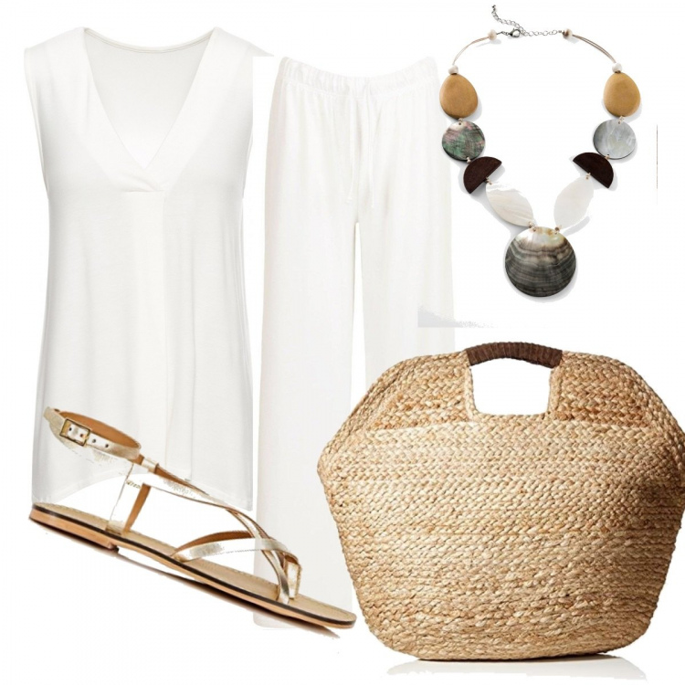 Outfit donna - Moda caprese. Stile Basic per Tutti i giorni. Abbinamento con top, collane, pantaloni, borse a mano, sandali alla schiava.