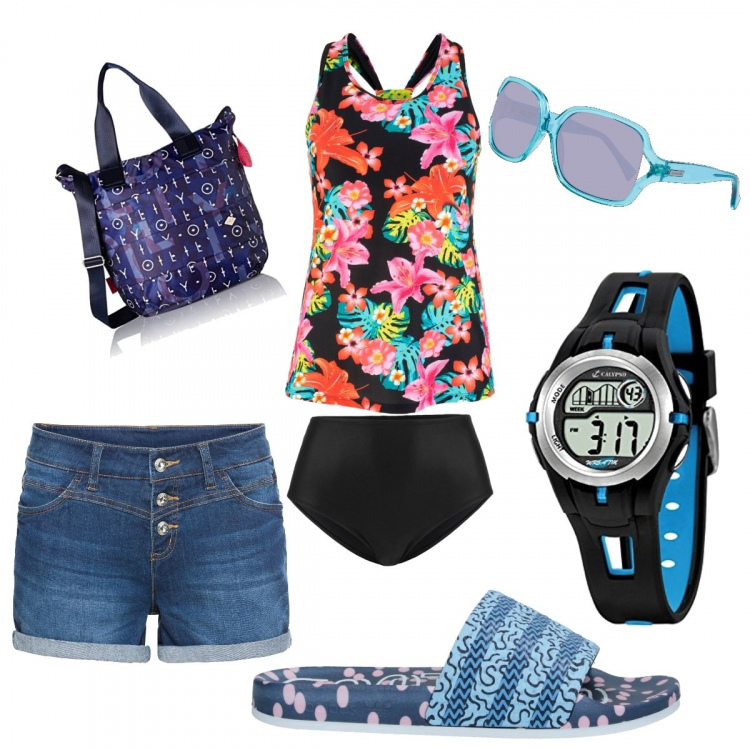 Outfit donna - Azzurro mare. Stile Trendy per Mare. Abbinamento con shorts, costumi interi, sandali, borse a secchiello, orologi digitali, occhiali da sole.