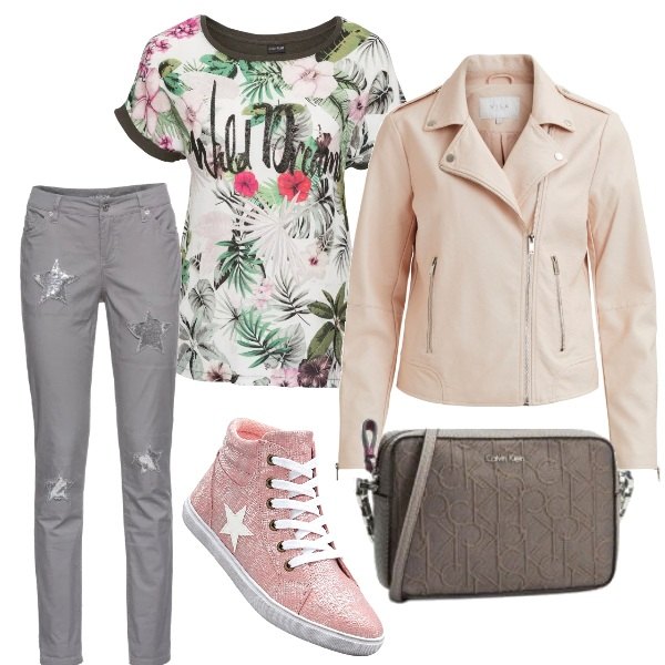 Outfit donna - Passeggiata pomeridiana. Stile Urban per Tutti i giorni. Abbinamento con t-shirt fantasia floreale filato verde, borsa a mano.