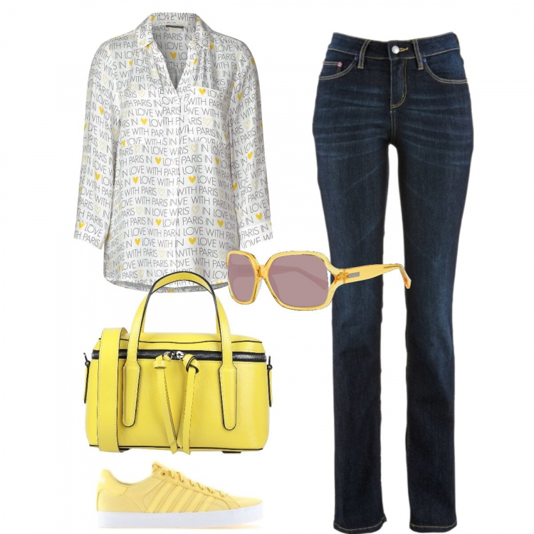 Outfit donna - Praticamente in low cost. Stile Basic per Tutti i giorni. Abbinamento con jeans dritti, borse a mano, sneakers, camicie, occhiali da sole.