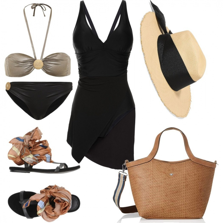 Outfit donna - Bon Ton, vacanziera a Mentone. Stile Bon Ton per Mare. Abbinamento con vestiti da spiaggia, infradito, cappelli, borse tote, bikini, bikini.