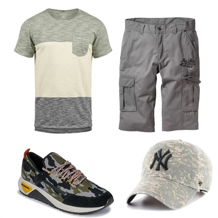 Outfit uomo - Quotidiano. Stile Casual per Tutti i giorni. Abbinamento con bermuda, sneakers, cappelli con visiera, t-shirt.