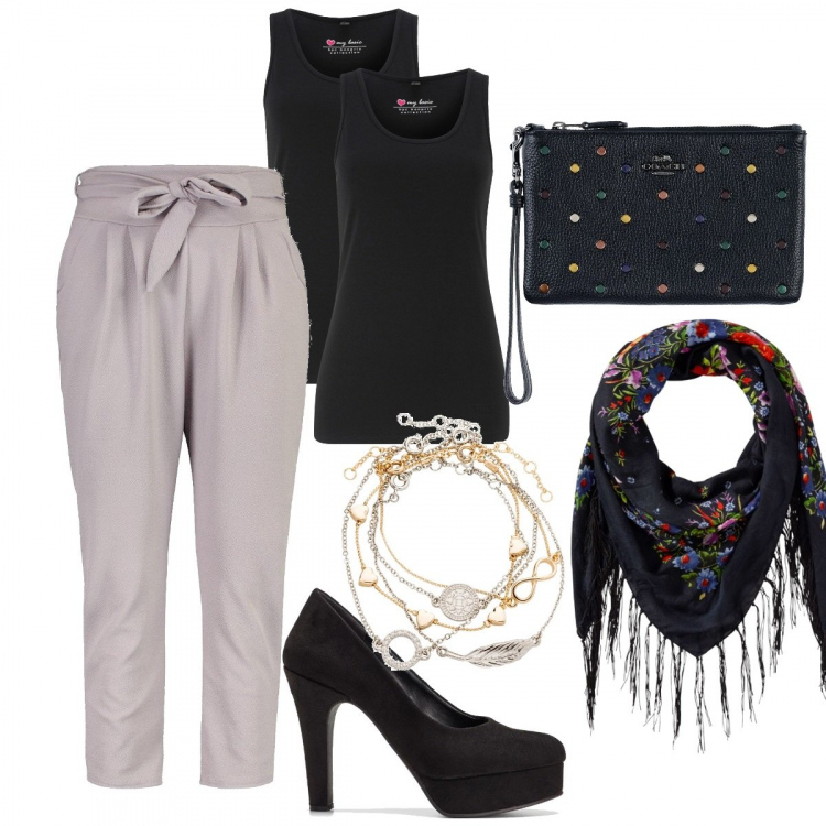 Outfit donna - Sexy morbide. Stile Sexy per Tutti i giorni. Abbinamento con canottiere, braccialetti con ciondoli, foulard, décolleté, pochette, pantaloni a palazzo.
