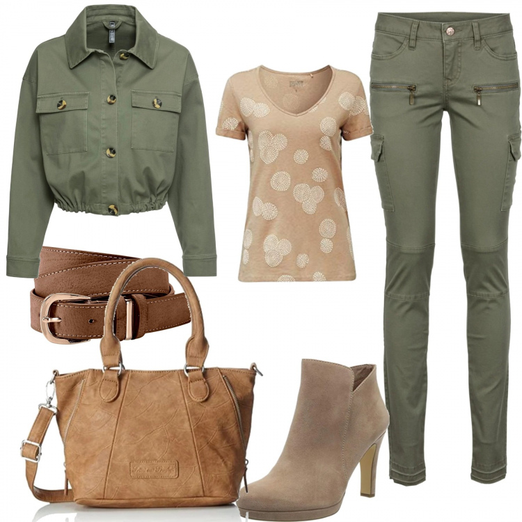 Outfit femme - Du kaki pour la rentrée. Style Tendance pour Tous les jours. Assortir avec pantalon cargo, blazers, ceintures, t-shirts, sacs à l'épaule.
