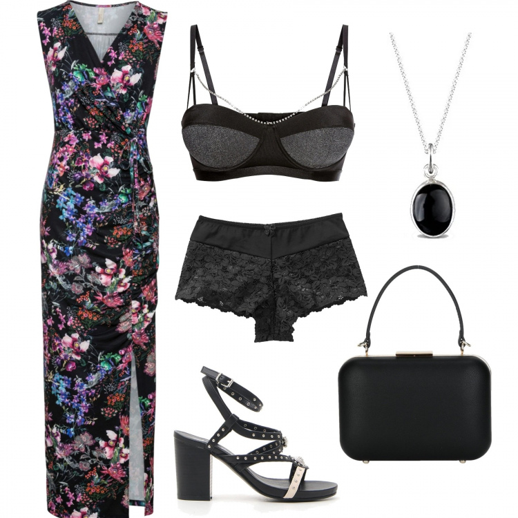 Outfit donna - La notte di Ferragosto #curvy. Stile Sexy per Serata fuori. Abbinamento con culotte, vestiti, reggiseni a balconcino, borse a mano, sandali, ciondoli.