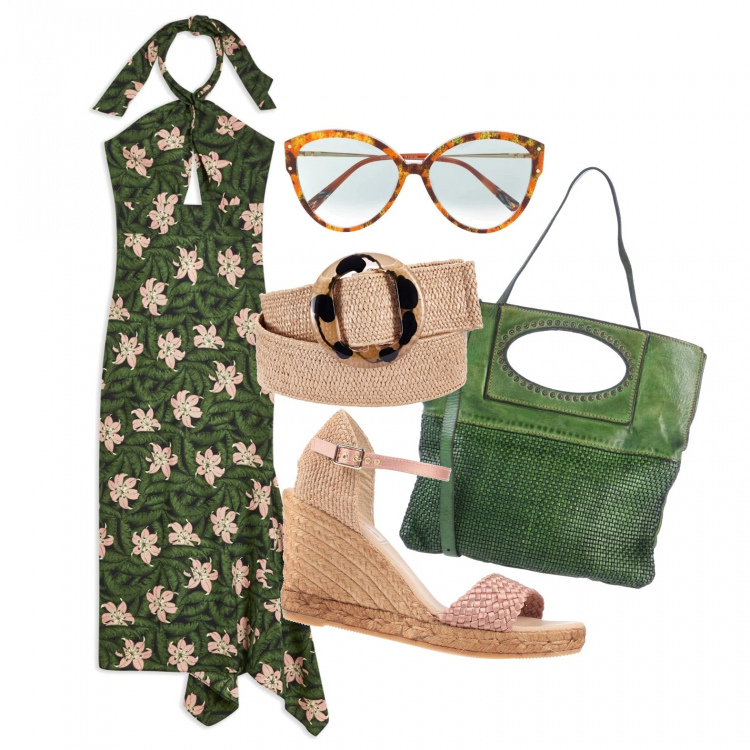 Outfit donna - Il vestito verde annodato sul collo. Stile Trendy per Tutti i giorni. Abbinamento con cinture, vestiti lunghi, sandali col tacco, borse a mano, occhiali da sole.