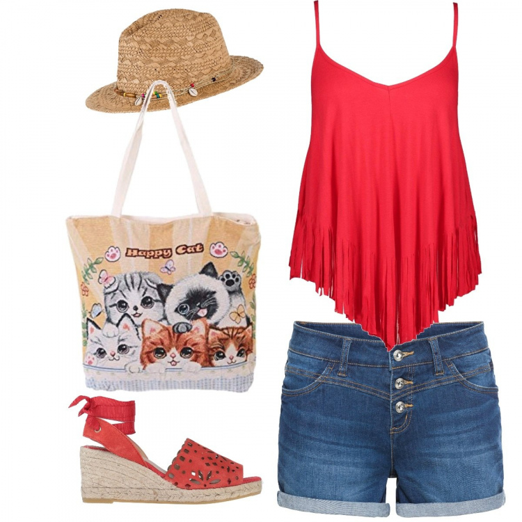 Outfit donna - La shopper con i gattini. Stile Basic per Tutti i giorni. Abbinamento con shorts, cappelli, sandali col tacco, canottiere, shopping bag.