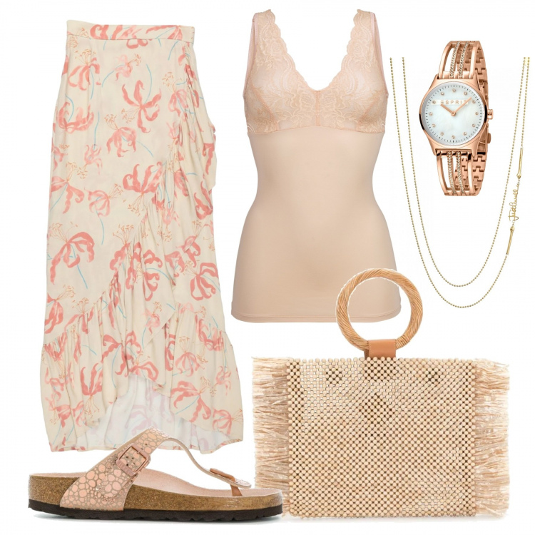 Outfit donna - Trionfo del nude. Stile Trendy per Tutti i giorni. Abbinamento con top, gonne lunghe, sandali, borse tote, orologi, collane.