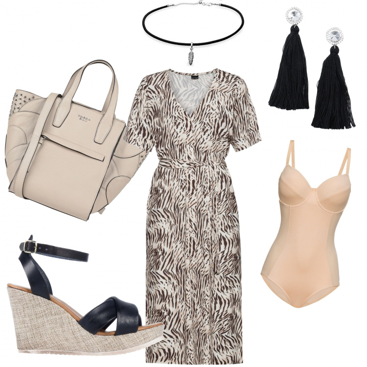 Outfit donna - Crazy girl. Stile Etnico per Tutti i giorni. Abbinamento con body, vestiti chemisier, borse a mano, sandali col tacco, orecchini, ciondoli.