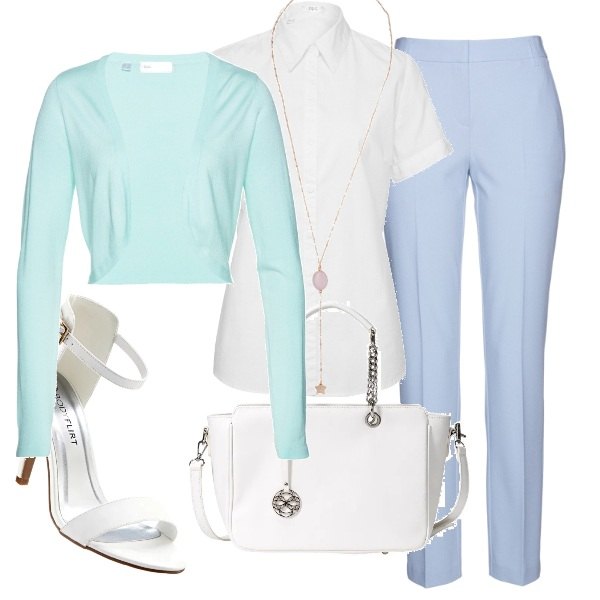 Outfit donna - Pastello in ufficio con Bonprix. Stile Bon Ton per Ufficio. Abbinamento con camicie a manica corta, pantaloni, catena bianco.
