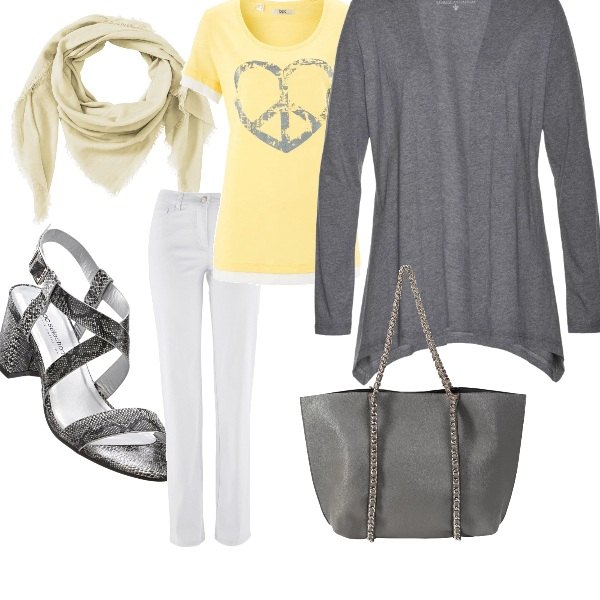 Outfit donna - Basic #3144. Stile Basic per Tutti i giorni. look ideale per Petite. Abbinamento con pantaloni, cardigan jersey.