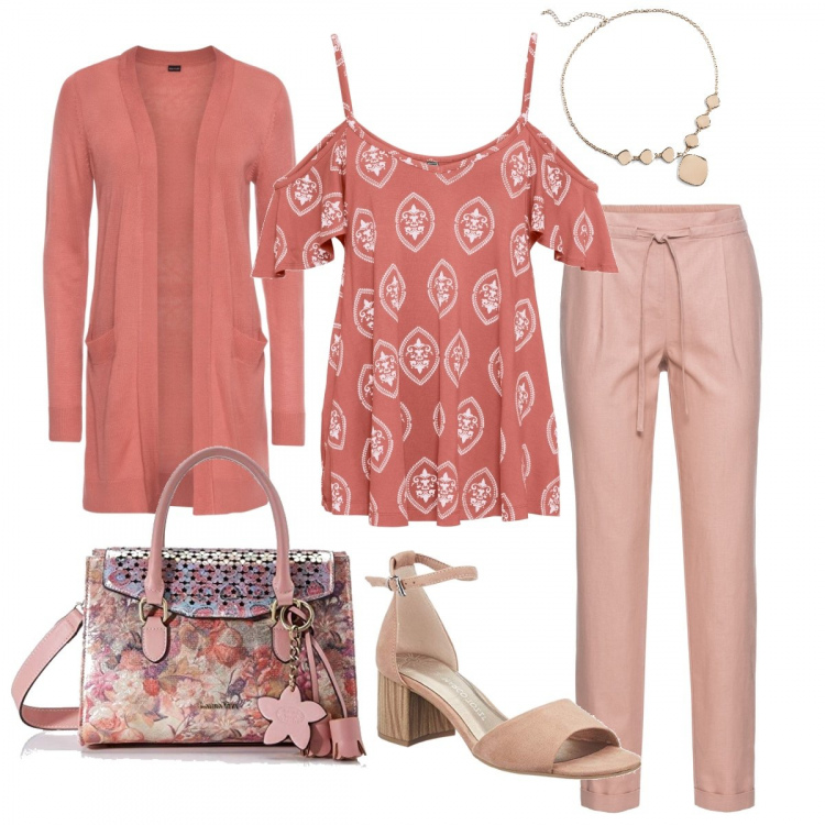 Outfit donna - Apostrofo rosa. Stile Bon Ton per Ufficio. Abbinamento con pantaloni, cardigans, pullovers, collane, borse a mano, sandali.