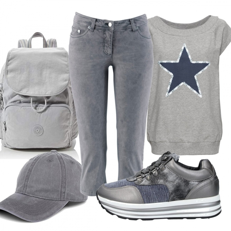 Outfit donna - In montagna. Stile Trendy per Tutti i giorni. Abbinamento con t-shirt, pantaloni capri, sneakers, zaini, cappelli con visiera.
