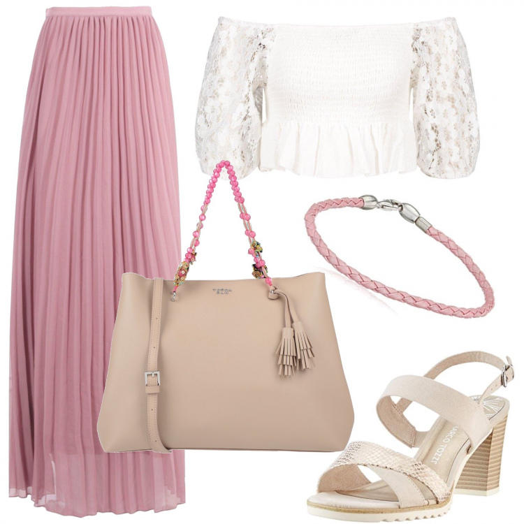 Outfit donna - Chic #29031. Stile Chic per Tutti i giorni. Abbinamento con borse a mano, gonne, top, sandali, braccialetti.