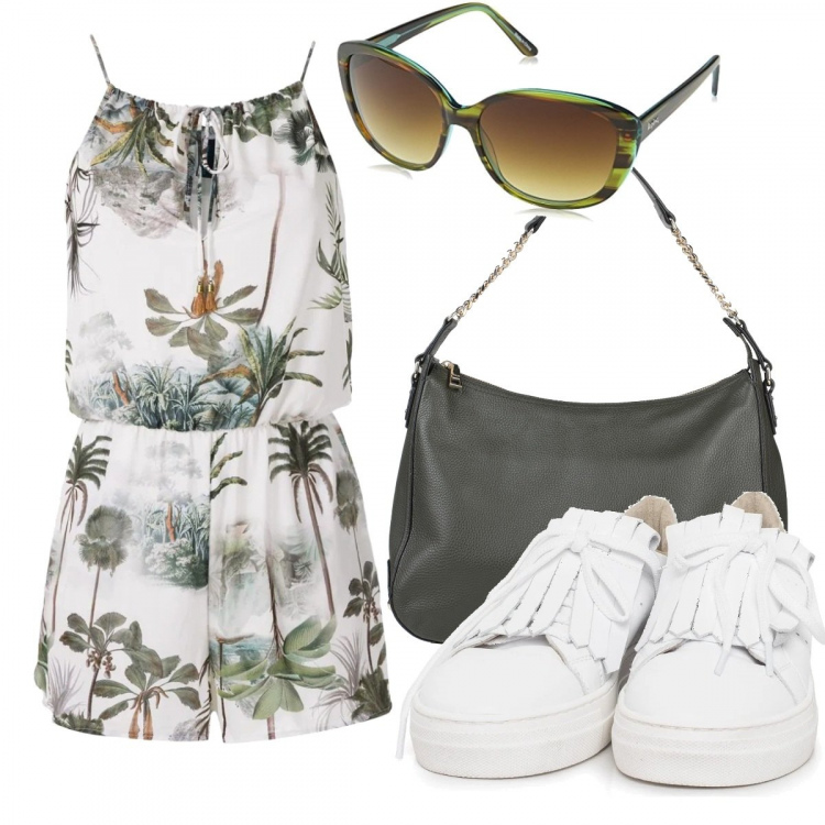 Outfit donna - Trendy #54733. Stile Trendy per Mare. Abbinamento con borse a mano, tuta corta, sneakers, occhiali da sole.