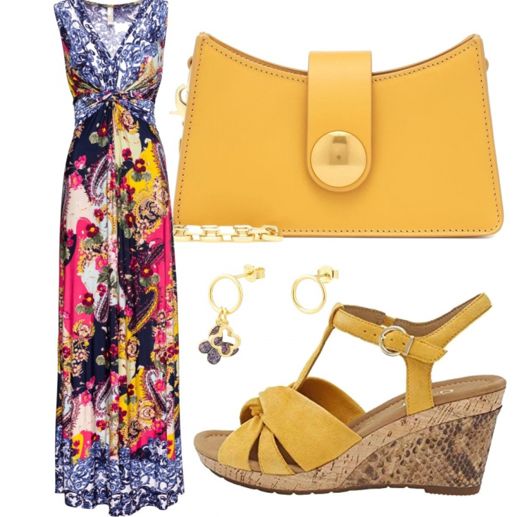 Outfit donna - Fantasia di giorno. Stile Trendy per Tutti i giorni. Abbinamento con vestiti lunghi, orecchini, sandali, borse a spalla.