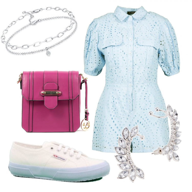 Outfit donna - Trendy #54737. Stile Trendy per Tutti i giorni. Abbinamento con orecchini, tuta corta, sneakers, borse a mano, braccialetti, braccialetti.