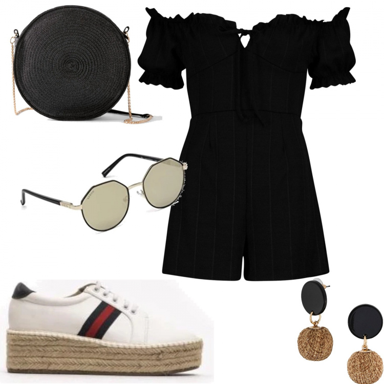 Outfit donna - Aperitivo time. Stile Urban per Tutti i giorni. Abbinamento con orecchini, borse a spalla, tuta corta, sneakers, occhiali da sole.