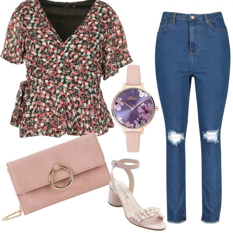 Outfit donna - Fiori che passione. Stile Trendy per Tutti i giorni. Abbinamento con sandali gioiello, pochette, top, jeans strappati, orologi analogici.
