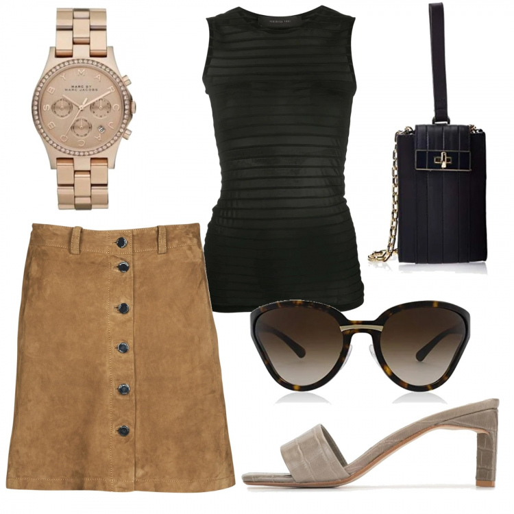 Outfit mujer - Sur de Italia. Estilo Chic para Todos los días. Combinación con clutch, gafas de sol, faldas, relojes analógicos, top, sandalia sabot.
