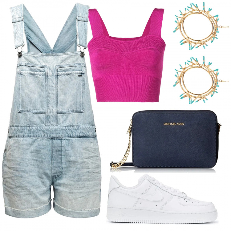Outfit mujer - Peto + deportivas blancas. Estilo Trendy para Todos los días. Combinación con bolsos de hombro, peto, sneakers, pendientes, top.